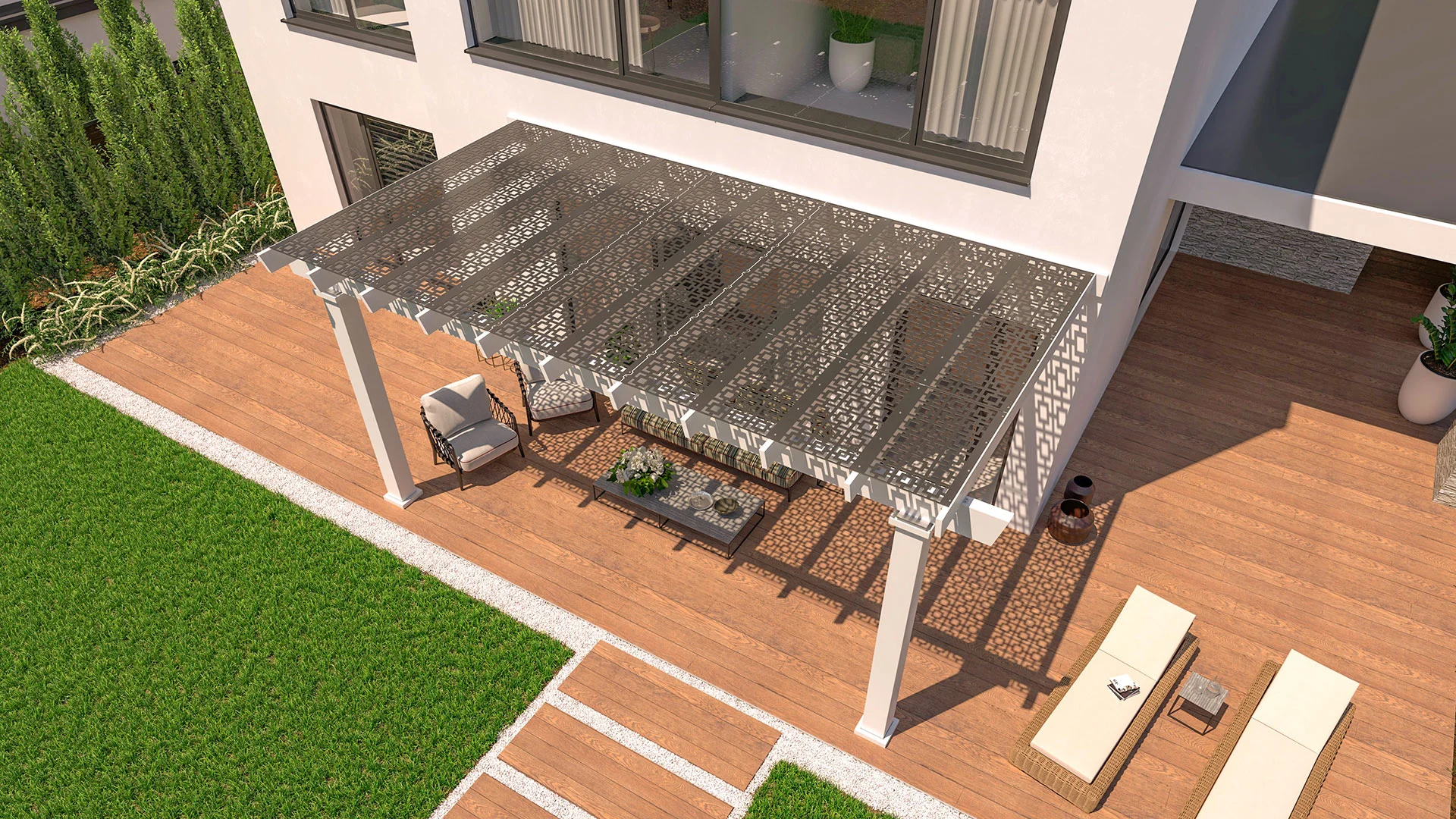 Overhead view of Trex Shade panels shading a backyard patio.