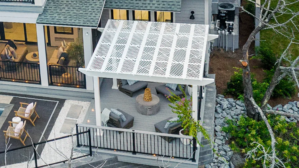 An arial view of Artisan-XP panels attached to Trex Pergola for HGTV Dream Home 2024