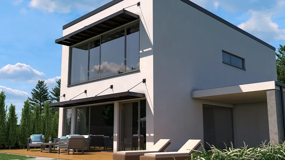 Two Artisan-RP canopies shading a sliding door and upper floor window.