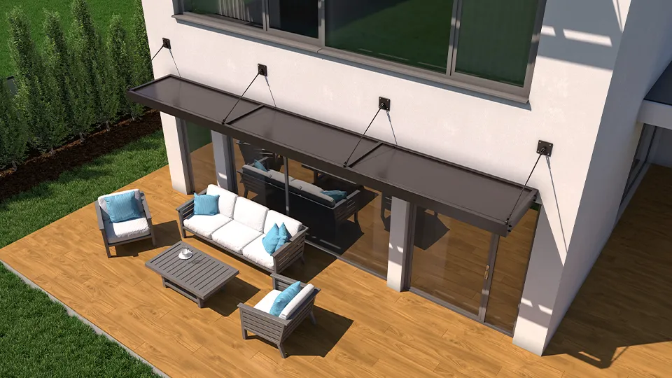 An arial view of the Artisan-RP aluminum canopy shading a backyard space.