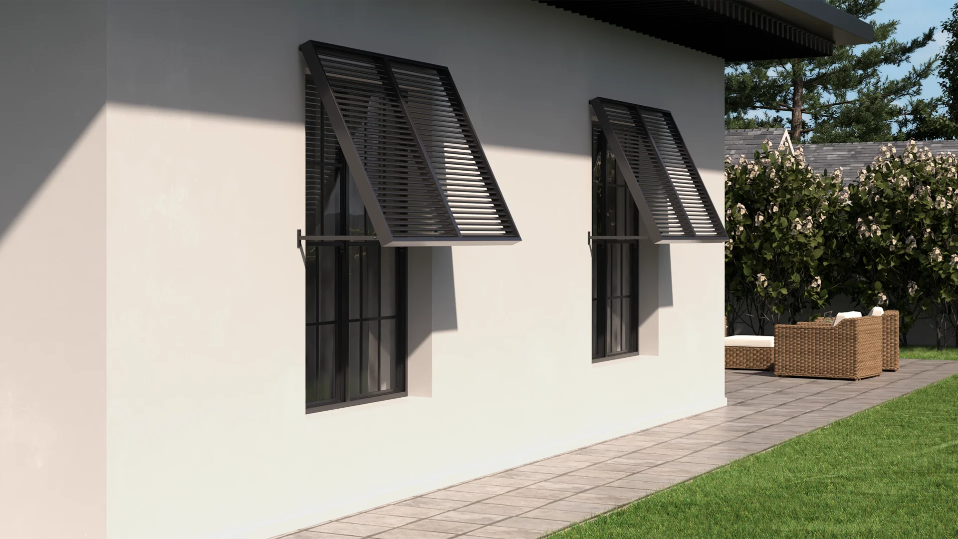 An Artisan-BL canopy shading a window, with another canopy shading a door.